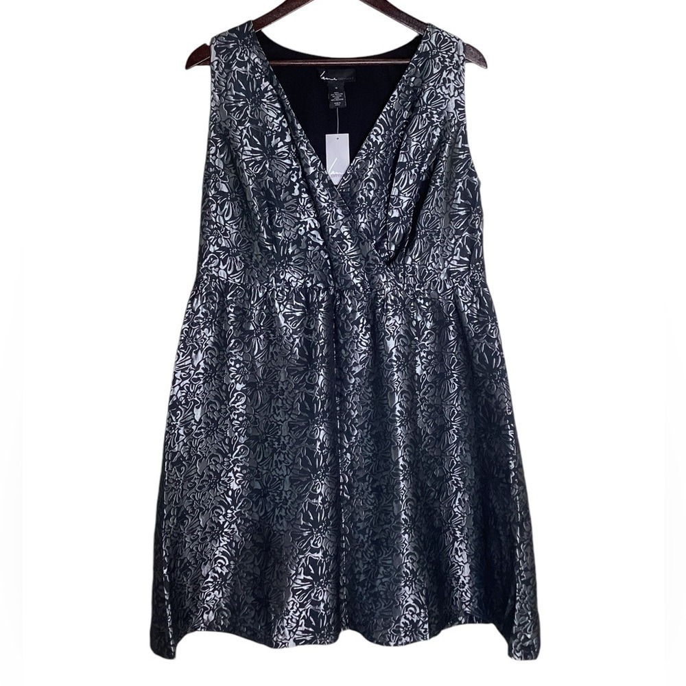 Lane Bryant Women Black Silver Floral Print Sleeveless Faux‎ Wrap Dress Plus